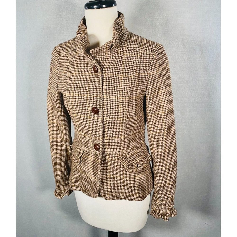 J Crew Blazer Womens Brown Wool Blend Houndstooth Jacket Ruffle - Picture 3 of 12